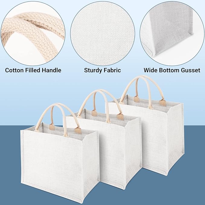 Segarty Tote Bags, 6 Pack Medium White Burlap Jute Reusable Gift Favors Bag Blank Tote with Handles Bulk for Bridesmaid Wedding, Women Market Grocery Shopping, Bachelorette Party, Beach Trip, DIY