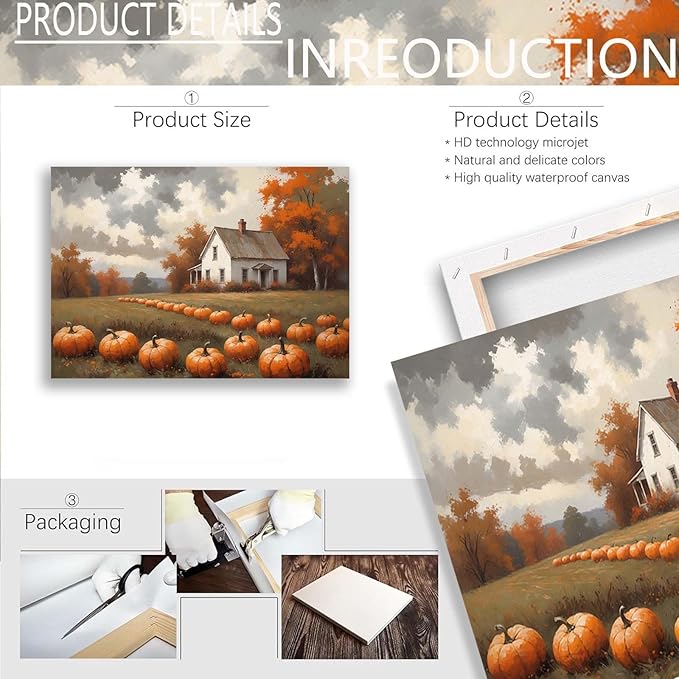 Autumn Pumpkin Patch Print Country Farm Natural Scenery Decorative Painting Suitable for Home Decor Bathroom Bedroom Living Room Decoration28x40in(70x100cm)- Framed