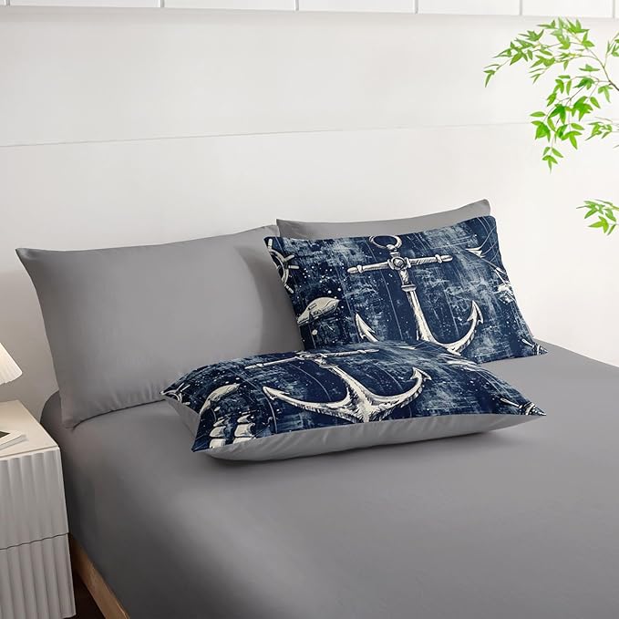 7Pcs Nautical Anchor Comforter Set Ocean Sailboat Printed Bedding Set with 1 Comforter, 1 Flat Sheet, 1 Fitted Sheet and 4 Pillowcases for Bedroom All Season(Anchor Queen)