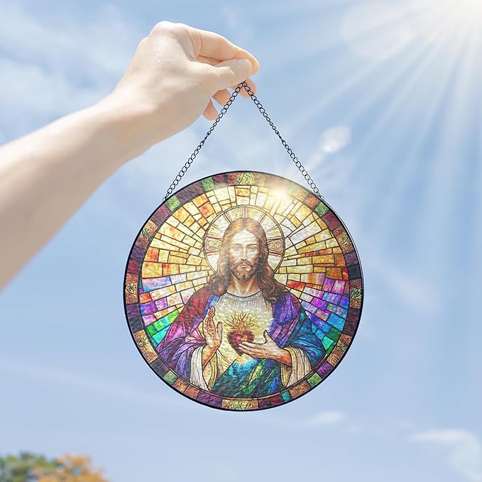 FLAGWIX Christian Gifts for Women Faith - Sacred Heart Stained Glass Window Hanging 8 in - Birthday Catholic Religious Gifts, Suncatchers Windows Hanging, Spiritual Suncatcher Home Garden Decor