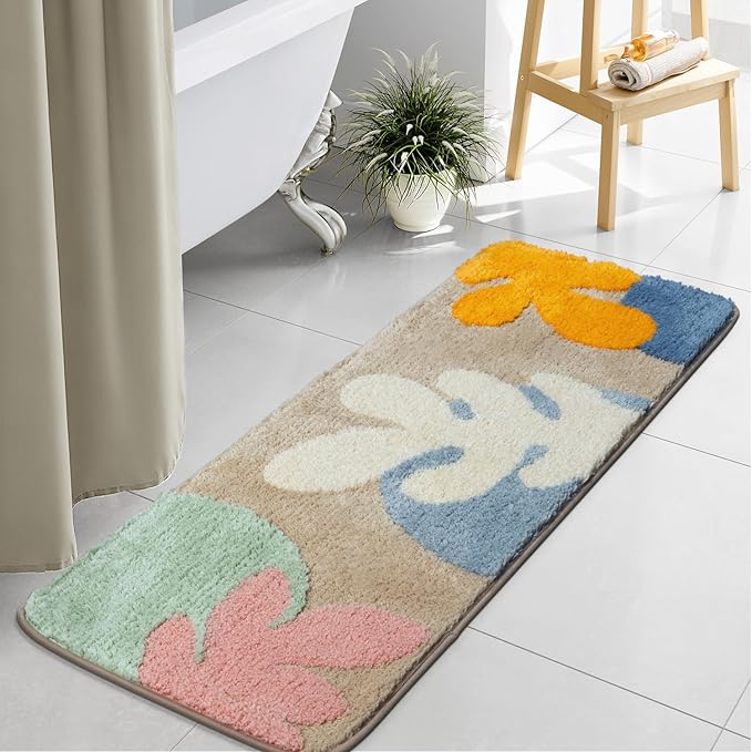 Uphome Bathroom Runner Rug Colorful Abstract Coral Long Bath Mat Non Slip Water Absorbent Boho Bath Rug Soft Microfiber Machine Washable Floor Mats for Tub Bathroom Indoor Doormat,18"x47"