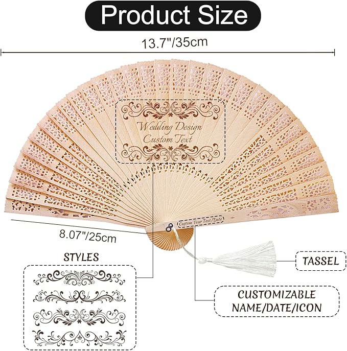 Personalized Wedding Fans for Guests Custom Wooden Folding Handheld Fans Bulk with Organza Bags Tassels for Wedding Graduation Party (200)