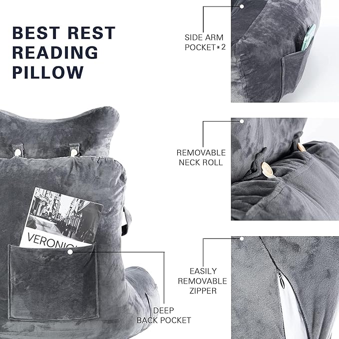 SLIGUY Reading Pillow-Bed Rest Pillow with Detachable Neck Roll & Support Arm for Sitting in Bed Couch or Floor-Backrest Reading Pillow Adult Back Pillow for Reading/Watching TV/Gaming,Dark Grey