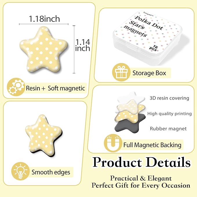 16 Pcs Fridge Magnets Polka Dot Stars Pattern Refrigerator Magnets Strong Magnetic Cute Small Decorative Designs for Office, Kitchen, Home, Locker, School, Cabinet, Whiteboard & Gift