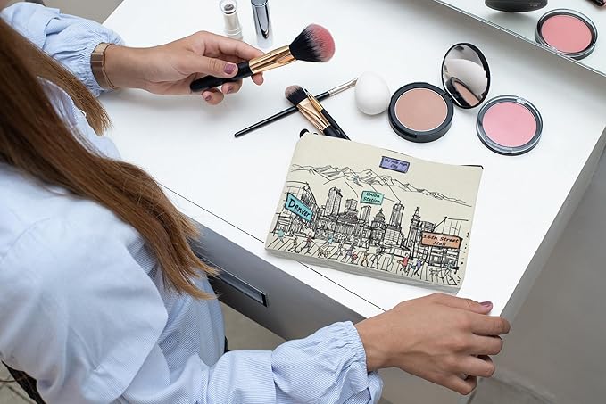 Cities Around the World Artwork Cosmetic Bag Series – Designed in USA, Travel Makeup Bag with Zipper, Souvenir Gift for Women, Artwork Organizer for Purse or Toiletry (Denver)