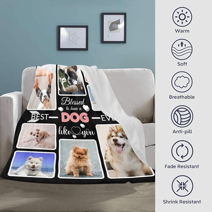 Custom Blanket Gifts for Dog, Customized Blankets with Photos, Make a Personalized Bed Throws to My Dog, Custom Souvenir Throw Blanket for Best Dog Ever, 8 Collages Made in USA