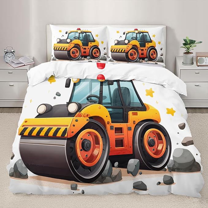 Construction Vehicle Duvet Cover Queen Size Cartoon Road Roller Bedding Set Engineering Truck Comforter Set Construction-Themed Quilt Cover Soft Microfiber for Bedroom