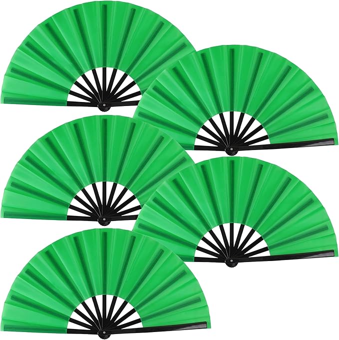 Huralona 5 Pack Large Folding Hand Clap Fan Fabric Rave Popping Fans Chinese Kung Fu Tai Chi Hand Fan Festival Dance Gift Performance Decorations (Green)