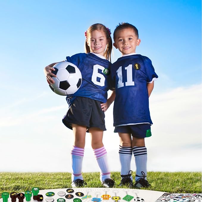 Soccer Party Favors 244 Pcs Soccer Birthday Party Decorations With Goodie Bags Wristbands Stickers Keychains Stamps Slap Bracelets Badges for Soccer Party Supplies (Soccer)