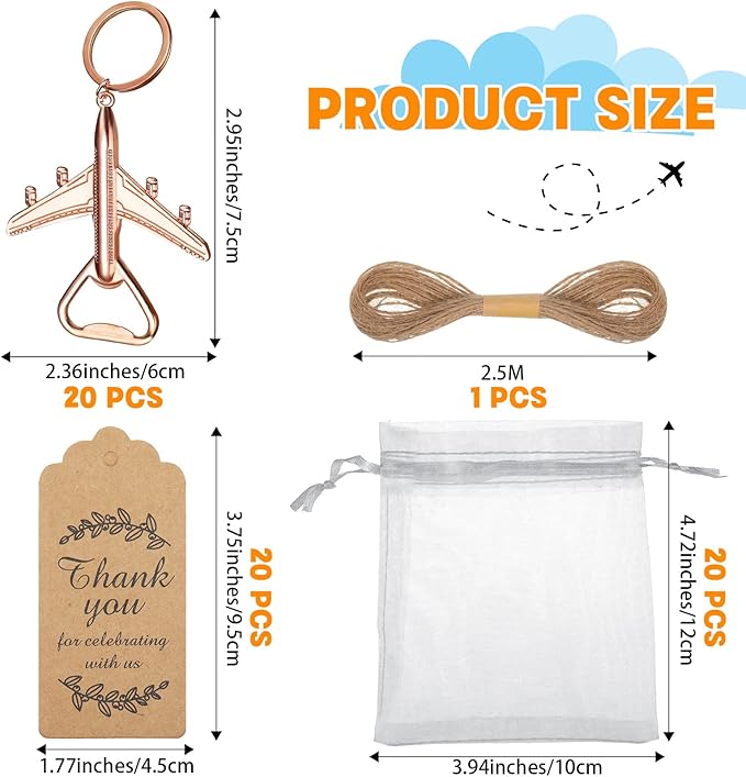 Honeydak 20 Set Airplane Bottle Opener Keychains with White Sheer Favor Bag Thank You Card Tags for Wedding Favor Baby Shower Return Presents Travel Theme Party Let the Adventure Begin
