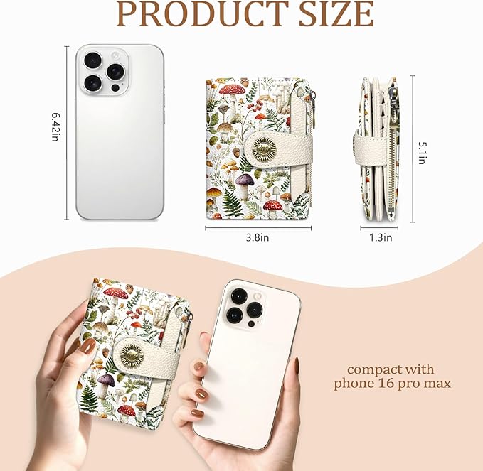 Mushroom Small Wallet Women RFID Blocking Bifold, Credit Card Holder, Zipper Coin Pocket, PU Leather, Compact, Travel, 4 ID Window, 14 Card Slots, Cash Purse, Ladies Woman Female Girls