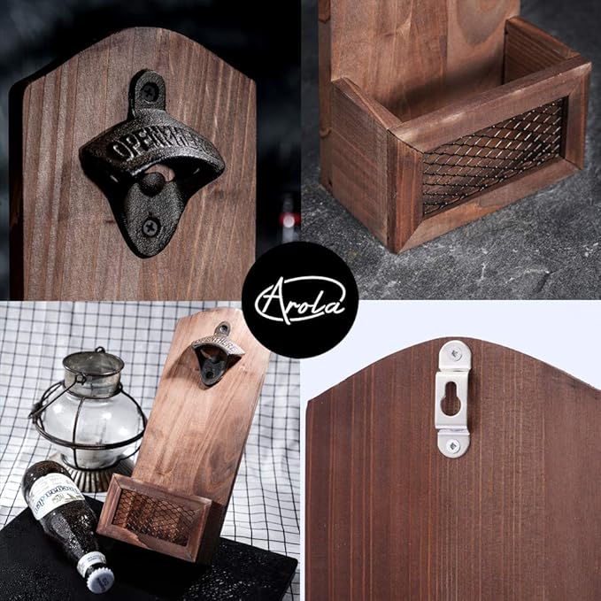 Bottle Opener with Cap Collector Catcher,Vintage Wooden Wall Mounted Bottle Opener，Ideal Gift for Men and Beer Lovers, Use as Bar Decoration.