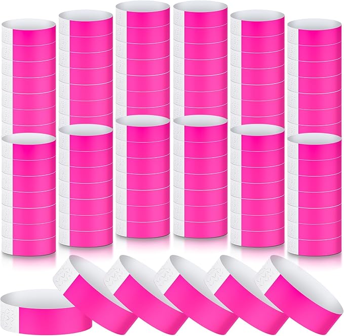 Tudomro 1200 Pack Plastic Paper Wristbands for Events Neon Party Wrist Bands Colored Waterproof Concert Identification Hand Bands Lightweight Adhesive Wristband(Pink)