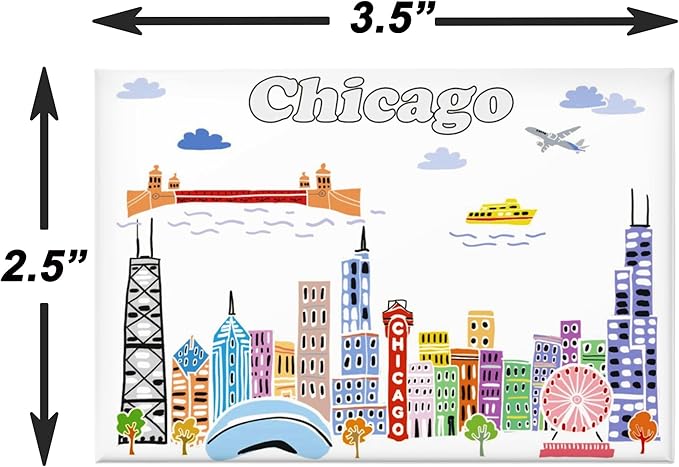 City Themed Artwork Magnet Collection by Beary Blu - Designed in The USA, Collectible Souvenirs Gifts 2.5" x 3.5" (Chicago)