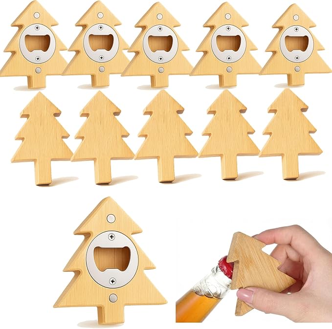 Vesici 12 Pcs Magnetic Bottle Opener 2.5in DIY Bamboo Christmas Tree Shape Beer Openers Wooden Fridge Magnet Refrigerator Sticker Gift for Beer Lover Wedding Guest Kitchens Bars Parties