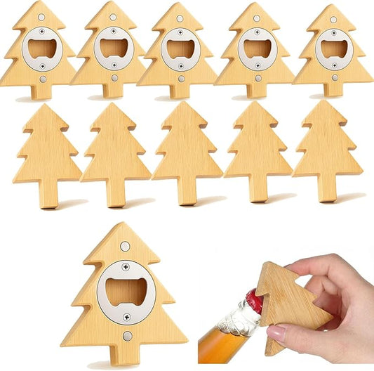 Vesici 12 Pcs Magnetic Bottle Opener 2.5in DIY Bamboo Christmas Tree Shape Beer Openers Wooden Fridge Magnet Refrigerator Sticker Gift for Beer Lover Wedding Guest Kitchens Bars Parties