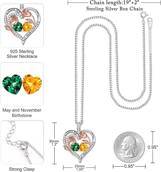 Iefil Valentines Day Gifts for Her - 925 Sterling Silver Rose Heart Birthstone Necklace Birthday Anniversary Jewelry Gifts for Her Wife Mom Daughter