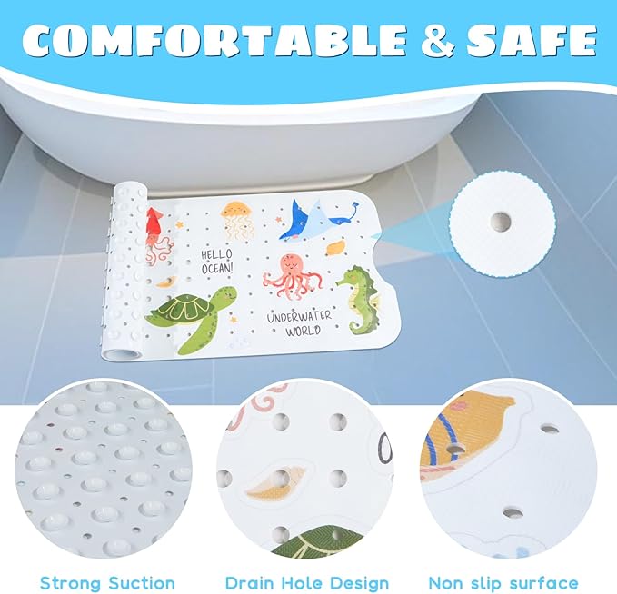 Baby Bath Mat for Tub Non Slip Kids Bathtub Mat Extra Long 40X16 Inch Toddler Bath Tub Shower Mat Anti Slip with Suction Cups & Drain Holes, Machine Washable (Under The sea)