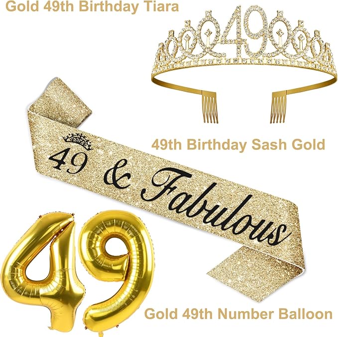 49th Birthday Decorations for Women Gold with 49th Birthday Sash and Tiara, Cake Topper and Candles,Number Balloons, 49 Year Old Gifts for Women
