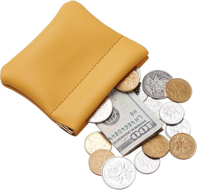 Squeeze Coin Purse Genuine Leather Wallet Compact Change Holder Travel Pouch for Women Gift Box (Yellow)