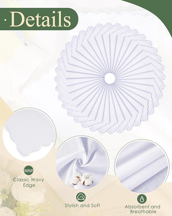 Kinlop Scalloped White Handkerchiefs for Women Men Bulk Cotton Hankies Pocket for Shower Gift Wedding Party Favor