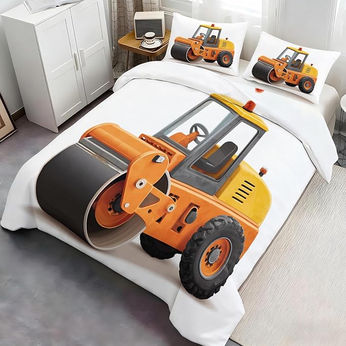 Cartoon Road Roller Bedding Set Oversized King Construction Vehicle Duvet Cover Orange Engineering Truck Comforter Cover Cartoon Children's Bed Set with Pillowcases for Bedroom