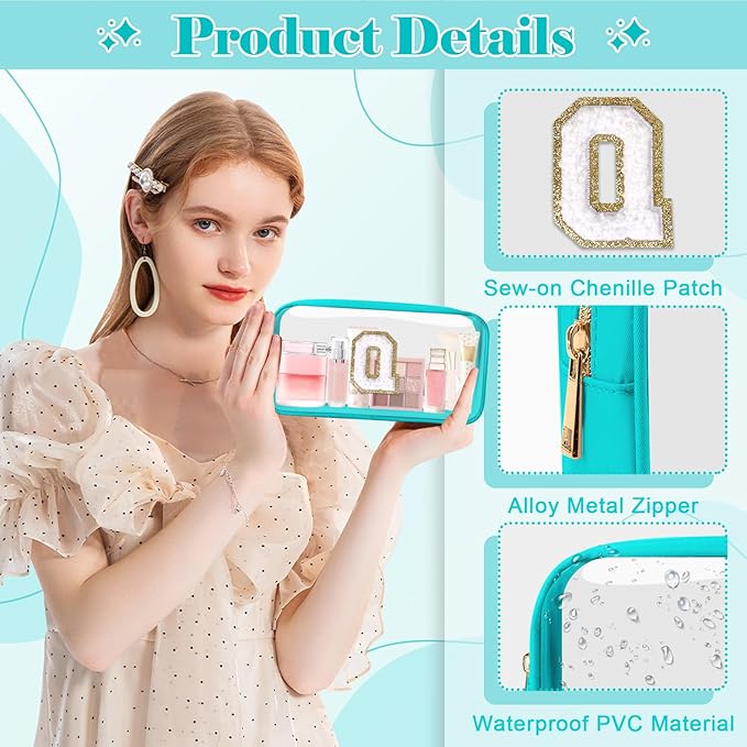 Personalized Initial Letter Clear Makeup Bag,Preppy Small Nylon&PVC Cosmetic Zipper Bag with Chenille Letter,Portable Beach Travel Skincare Toiletry Bag,Trendy Monogram Gift for Teen Girls Women,Q