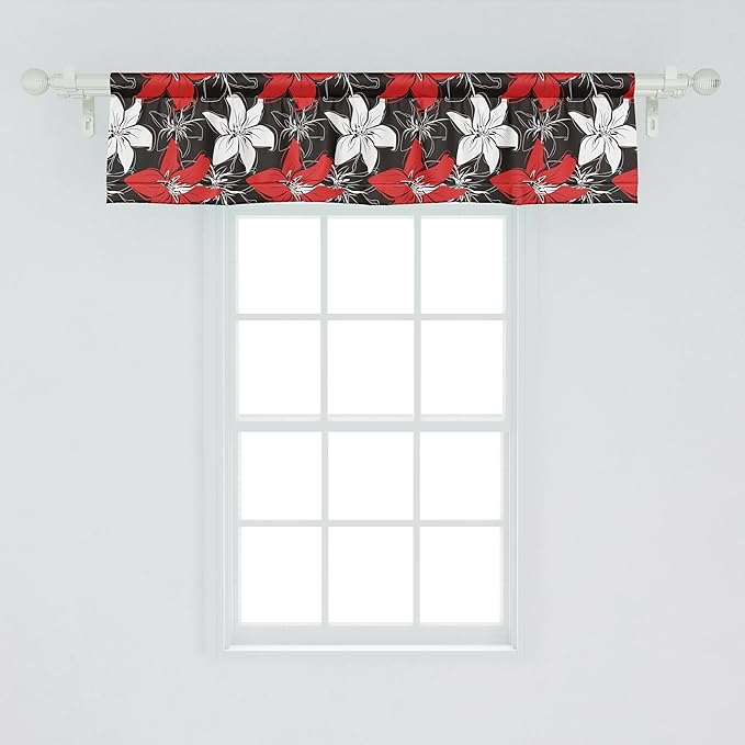 Ambesonne Floral Window Valance, Bedding Plants Flourishing Garden Pattern Retro Nature, Curtain Valance for Kitchen Bedroom Decor with Rod Pocket, 42" x 12", Vermilion White Black