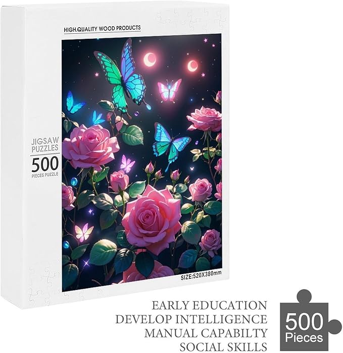 Wooden Puzzles 500 Piece，Butterfly and Rose Themed Jigsaw Puzzles，Family Puzzles，Unique Gifts for Wall Art，Funny Puzzles，Stress Relief Games，Puzzle Games