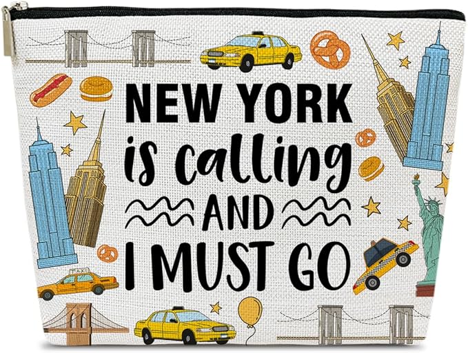 Funny New York Trip Makeup Bag, City Themed Gifts Favors, New York Is Calling And I Must Go, Travel Lover Gifts For Women Her, Travel Cosmetic Bag For Holiday Trip Vacation