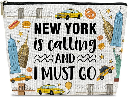 Funny New York Trip Makeup Bag, City Themed Gifts Favors, New York Is Calling And I Must Go, Travel Lover Gifts For Women Her, Travel Cosmetic Bag For Holiday Trip Vacation