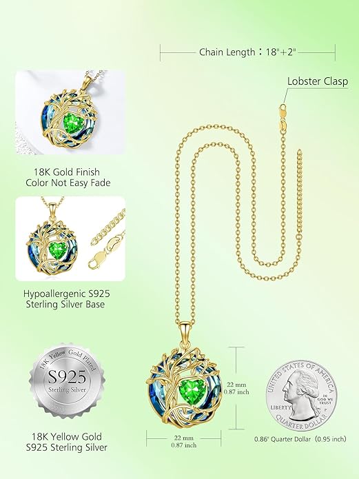 TOUPOP Tree of Life Birthstone Necklace 925 Sterling Silver Pendant Austrian Crystal Jewelry Anniversary Valentine's Day Birthday Gifts for Women Mom Her Wife