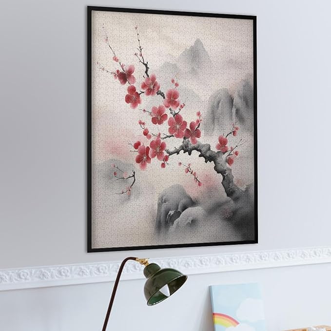Red Plum Blossom Wooden Puzzle 1000 Pieces Jigsaw Puzzles for Adults Puzzle Educational Toys Challenging Fun Games Gifts for Elders Kids Family and Friends