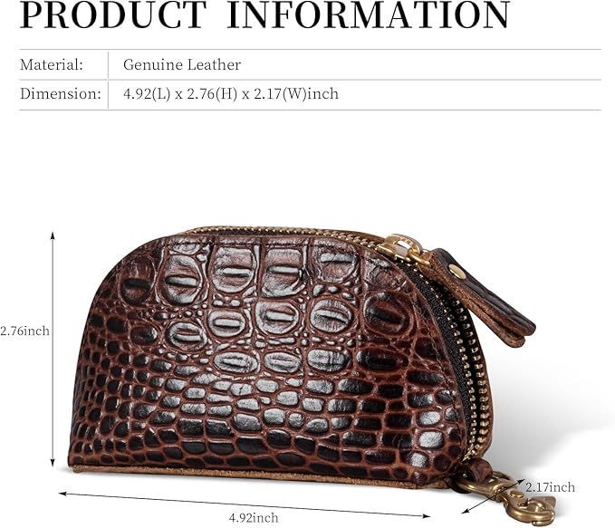 Gexmil Genuine Leather Coin Purse with Zipper, Full Grain Leather, Mini Coin Pouch for Women Men, Change Wallet,Crocodile Brown