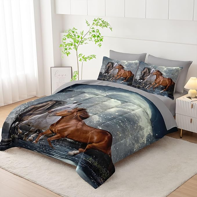 7Pcs Comforter Set 3D Western Horses Printed Bedding Set with 1 Comforter, 1 Flat Sheet, 1 Fitted Sheet and 4 Pillowcases for Boys and Girls Bedroom All Season(Horses Twin)