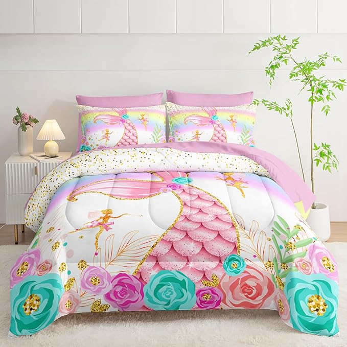 Mermaid Comforter Set Twin - 7 Piece Girls Bedding, Pink Teal Floral Bed Set, Soft Microfiber Comforter, Sheets, Pillowcases