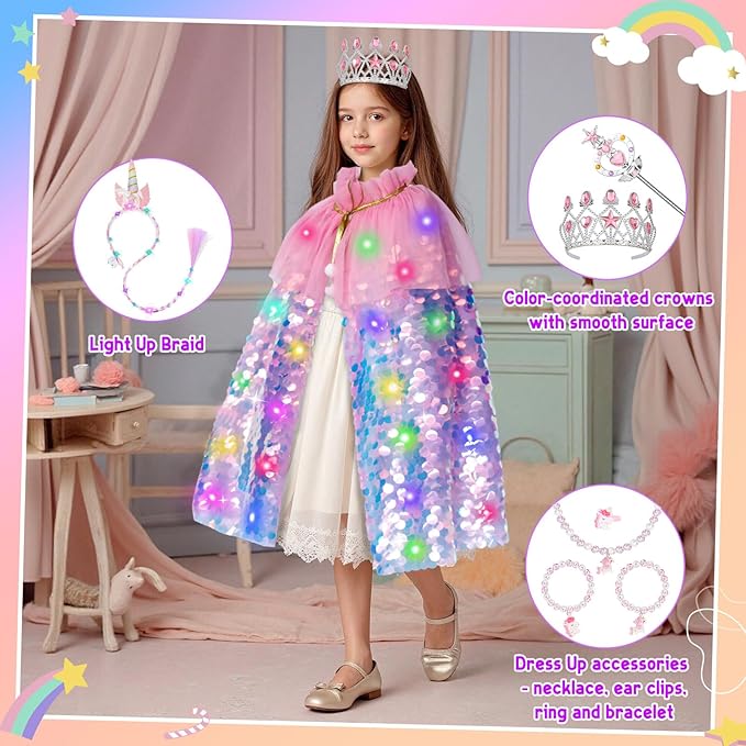 Meland Princess Dress Up for Girls 3-8, 11Pcs Mermaid Cape with Crown, Dress Up Clothes Birthday Gift Toys for Girls Toddlers