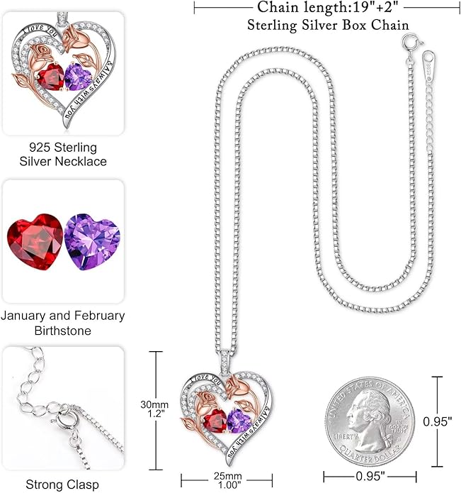 Iefil Valentines Day Gifts for Her - 925 Sterling Silver Rose Heart Birthstone Necklace Birthday Anniversary Jewelry Gifts for Her Wife Mom Daughter