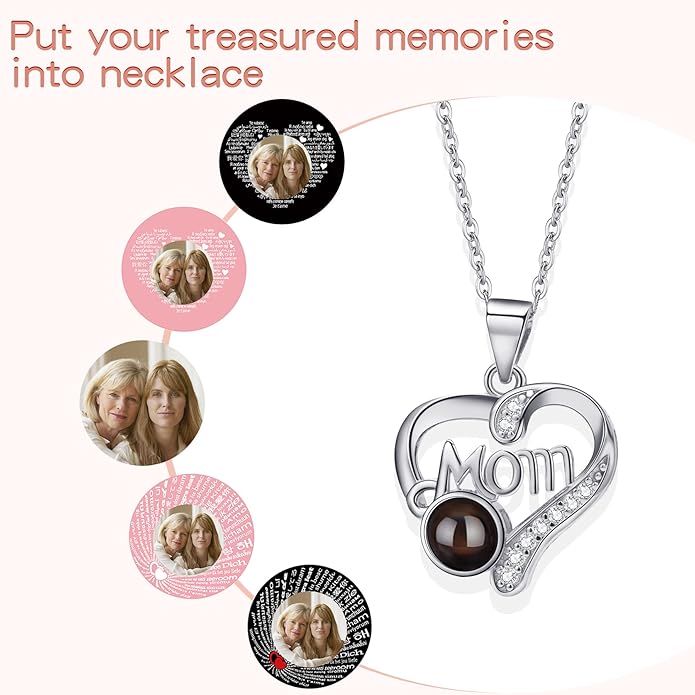 SUPHELPU Personalized Mother's Day Gifts for Mom From Daughter - Custom Photo Necklace With Picture Inside - Projection Necklace for Mom - Memorial Gift