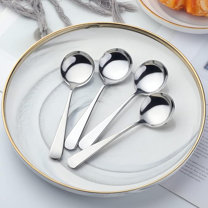 Buyer Star 8 Pieces Stainless Steel Round Soup Spoon, 6.3 Inch Mirror Polished Spoon Cutlery, Dishwasher Safe (Silver)