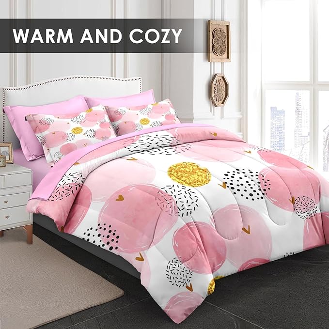 Comforter Set King Size, Polka Dot Pink 7 Pcs Bedding for Kids and Adults, Watercolor Spots Circles Bed Sheet Sets with Fitted Sheet 2 Pillowcases & 2 Shams for Bedroom Bed Decor
