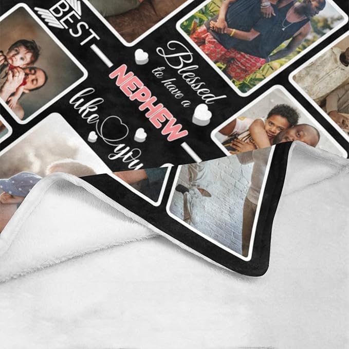 Custom Blanket Gifts for Nephew, Customized Blankets with Photos, Make a Personalized Bed Throws to My Nephew, Custom Souvenir Throw Blanket for Best Nephew Ever, 8 Collages Made in USA