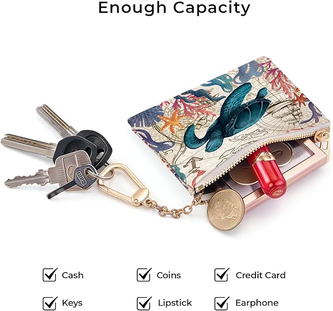 Sea Turtle Keychain Coin Purse for Women, Small PU Leather Change Pouch, Zipper Little Tiny Travel Wallet for Girls, Cute Kawaii Zip Pocket Coin Holder with Key Ring