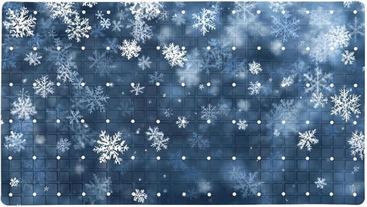 Bath Tub Mat Non Slip 15.1 x 26.8 Inch, Christmas Winter White Snowflakes Blue Background Eco Friendly Bathmat with Suction Cups Drain Holes Shower Tub Mats