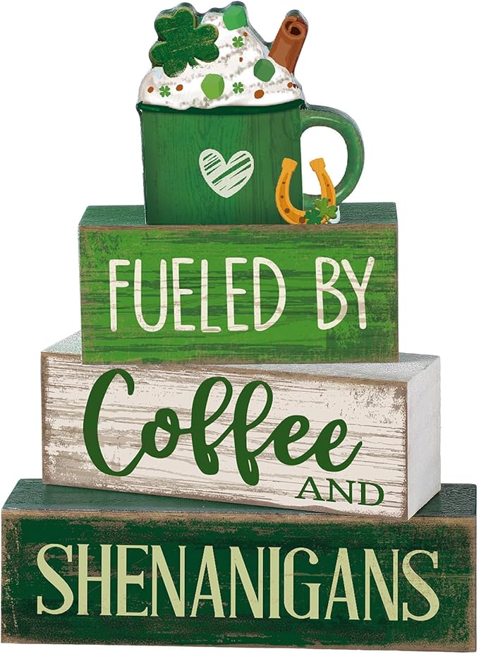 4 Pcs Wooden St. Patrick's Day Decorations Shamrock Hot Cocoa Table Centerpieces Irish Decorative Block Signs Gift Happy St. Patrick's Stacks Wooden Table Decor for Home Tiered Tray