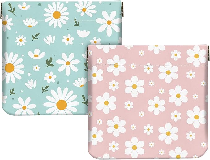 2Pcs PU Leather Small Squeeze Coin Purse Pouch Mini coin Bag Unique And Cute Wallet Cosmetic Bags Change Bag For Women Girls Men （Blue and Pink Flowers 3