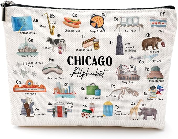 Chicago Alphabet Cosmetic Bag Makeup Bag Chicago Lovers Gift Chicago Travel Souvenir Merch Vacation Friendship Gifts for Women Chicago Lovers Girls Traveller Girls Trip Gifts Favors Christmas Birthday