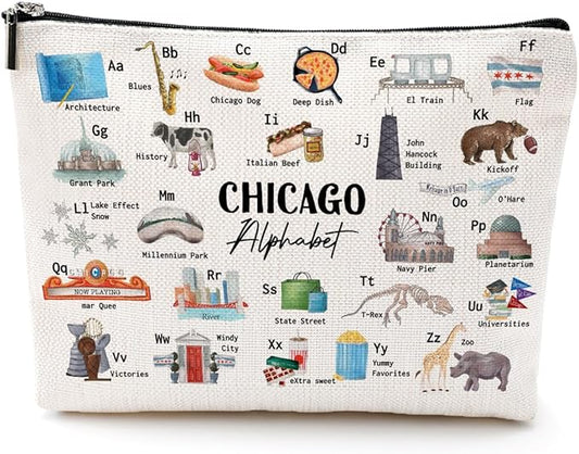 Chicago Alphabet Cosmetic Bag Makeup Bag Chicago Lovers Gift Chicago Travel Souvenir Merch Vacation Friendship Gifts for Women Chicago Lovers Girls Traveller Girls Trip Gifts Favors Christmas Birthday