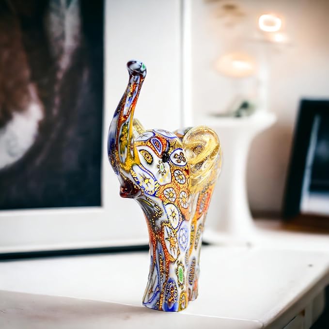 Handmade Authentic Murano Glass Millefiori Mosaic Elephant Figurine, 3.5" Tall, 24K Gold Foil Finish, Cute Glass Elephant Figurine, Collectible, Animal Ornament Gift Decor, Made in Italy