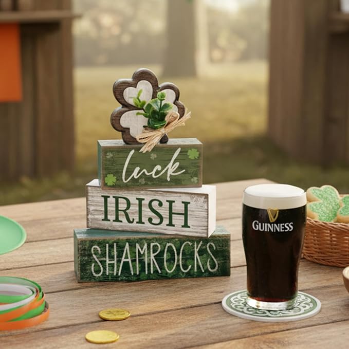 4 Pcs St. Patrick's Day Table Decorations Wooden Shamrocks Green Lucky St. Patrick Tiered Tray Decor Farmhouse Shamrock Blocks Signs Gifts Irish Themed Centerpiece Decorations for Home Decor